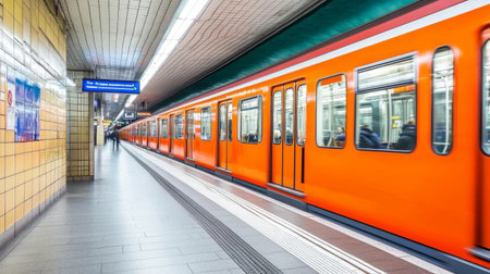 A vibrant orange subway train is departing from a modern station platform, showcasing urban travel and dynamic city life with motion and design elements.の素材