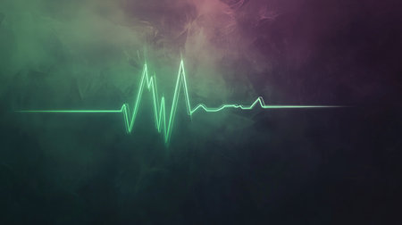 A digital illustration of a heart monitor displaying a stable heartbeat line, glowing softly in green and blue tones, symbolizing health monitoringの素材
