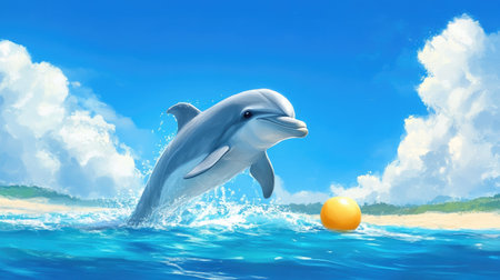 A dolphin playfully nudging a floating object in the water, its curious eyes and playful demeanor highlighted against a vibrant ocean backdropの素材