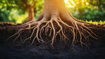 A creative shot of tree roots being carefully placed into the ground during a planting event, emphasizing the importance of nurturing trees for a healthy ecosystemの素材