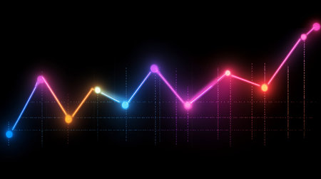 Vibrant abstract representation of data trends with glowing lines on a dark background. Ideal for illustrating analytics, technology, and growth concepts.の素材