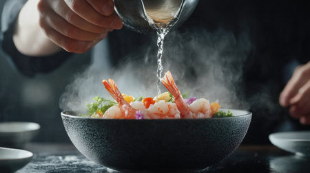 A chef pouring a hot broth over shrimp and vegetables in a bowl, capturing the moment of preparation and the aromatic steam risingの素材
