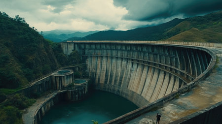 A dramatic shot of a large water reservoir with storm clouds gathering above, capturing the tension in the atmosphere and the power of nature at the water's edgeの素材
