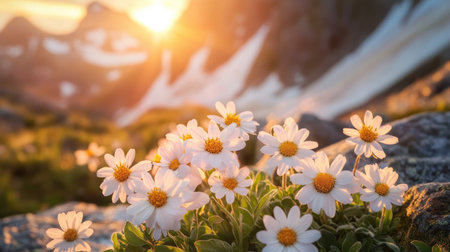 A close-up of mountain flowers in the foreground, bathed in soft morning light as the sun rises behind the peaks, highlighting the delicate beauty of natureの素材