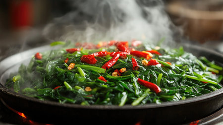A close-up shot of hot and colorful stir-fried water spinach, with steam rising and bright greens contrasting against the red chili, inviting viewers to indulgeの素材