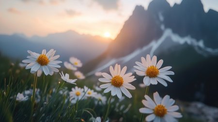 A close-up of mountain flowers in the foreground, bathed in soft morning light as the sun rises behind the peaks, highlighting the delicate beauty of natureの素材