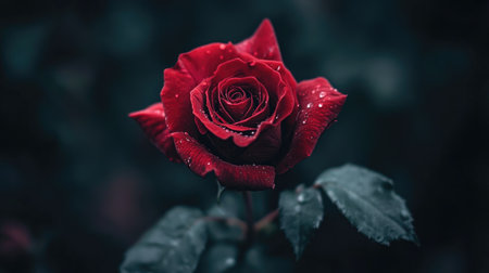 A close-up of a blooming rose with delicate water droplets on its velvety petals, capturing the elegance and beauty of flowers in natureの素材