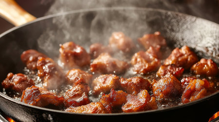 Juicy pork chunks fry in hot oil, releasing flavorful spices and steam. The sizzling sound creates a tempting atmosphere in the kitchen, ideal for food enthusiasts.の素材