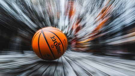 A vibrant orange basketball captured in motion with a striking blur effect, set against a textured wooden surface, showcasing energy and excitement in sports.の素材