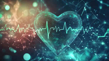 A digital illustration of a heart monitor displaying a stable heartbeat line, glowing softly in green and blue tones, symbolizing health monitoringの素材