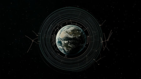 This striking digital illustration showcases Earth at the center of intricate orbital paths, representing advanced concepts in space exploration and data visualization.の素材