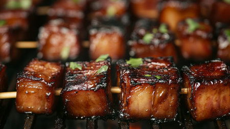 Indulge in these grilled pork skewers with a rich glaze and fresh herbs. Perfect for summer gatherings, these tender bites promise mouthwatering flavors.の素材