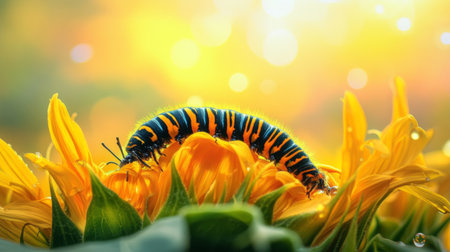 A vibrant caterpillar crawls on bright sunflower petals, showcasing nature's beauty. The striking colors and details highlight the wonders of the garden.の素材