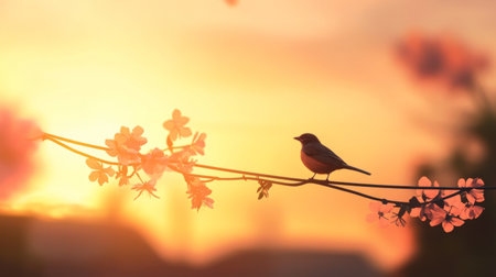 A graceful bird perched on a blooming branch captures a serene moment during sunset. The warm glow of the sky enhances the peaceful ambiance, perfect for nature lovers.の素材