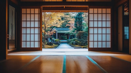 A serene view from a traditional room showcasing a tranquil Japanese garden with vibrant autumn foliage and a peaceful pathway leading into nature.の素材