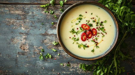 A bowl of creamy soup topped with red chili slices and fresh herbs, beautifully arranged on a rustic wooden table, perfect for a comforting meal.の素材