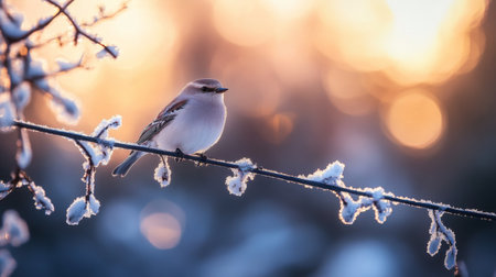 A serene bird sits gracefully on a snowy branch, illuminated by the soft light of a winter sunrise. The frost-covered environment creates a peaceful scene of nature's beauty.の素材