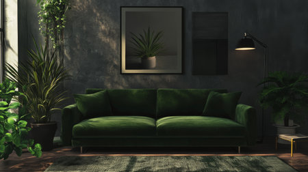 This image showcases a cozy green sofa in a stylish living room, surrounded by lush indoor plants and modern decor, creating a serene and inviting atmosphere.の素材