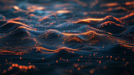 This image depicts abstract digital waves featuring glowing dots against a dark backdrop. Perfect for technology, design, or creative projects.の素材
