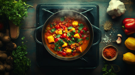 A vibrant vegetable stew simmers in a pot, surrounded by fresh ingredients and aromatic spices on a rustic wooden table, showcasing the heart of home cooking.の素材