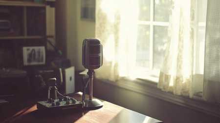 A vintage microphone sits elegantly on a desk, illuminated by soft natural light from a nearby window. This serene scene evokes creativity and inspiration in a cozy setting.の素材