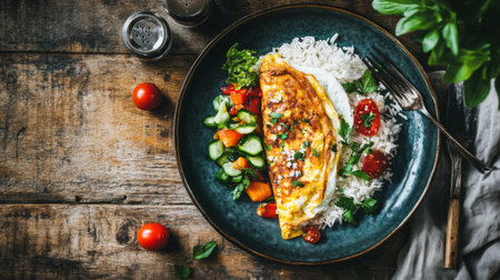 A vibrant and appetizing omelette is beautifully presented atop fluffy rice, complemented by a fresh vegetable salad. This meal showcases natural colors and textures, perfect for healthy dining.の素材