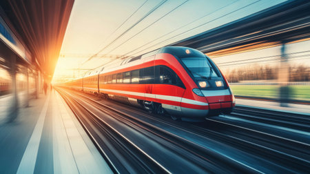 A fast-moving train glides along the railway tracks at sunset, creating a dynamic scene with vibrant colors and a blurred background that evokes speed and adventure.の素材