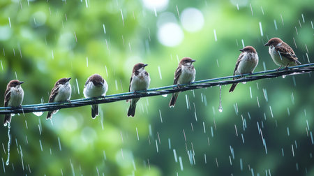 A charming scene of small birds perched on a wire during a rainstorm, surrounded by lush greenery. The image captures the beauty of nature and wildlife, evoking peace and tranquility.の素材