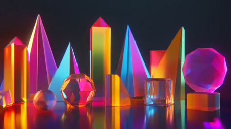 A stunning arrangement of colorful geometric shapes glowing in neon hues against a black background, perfect for modern design and abstract art themes.の素材