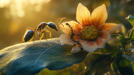 A stunning close-up of ants exploring a leaf beside a delicate flower, illuminated by soft natural light. This image captures the vibrant colors and intricate details of nature.の素材