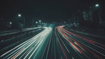 A stunning long exposure image showcasing nighttime traffic in a bustling city. Bright light trails create a dynamic sense of movement against a dark urban backdrop.の素材