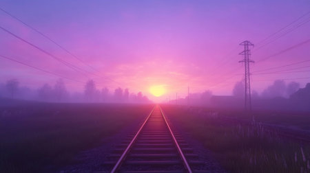 A tranquil scene showcasing railway tracks leading into a colorful sunset. The misty landscape enhances the vibrant hues of the sky, creating a serene atmosphere perfect for travelers and nature lovers.の素材