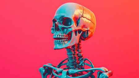 A stylized illustration of the human skeleton, highlighting major bones in a vibrant color scheme, placed against a contrasting background for visual impactの素材