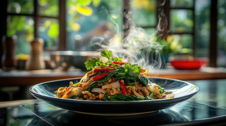 A steaming serving of stir-fried water spinach on a traditional Thai plate, garnished with fresh herbs and chili, set against a rustic kitchen backdropの素材