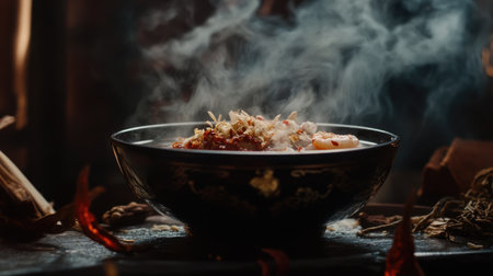 A steaming bowl of spicy shrimp soup set against a backdrop of Thai spices and herbs, emphasizing the rich flavors and culinary heritage of the dishの素材