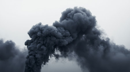 This dramatic image showcases dark smoke clouds billowing against a gray sky, evoking feelings of intensity and environmental concern. Perfect for atmosphere-related themes.の素材