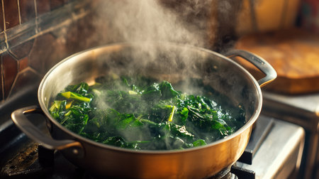 A rustic kitchen scene with a pot of water spinach being stir-fried on the stove, showcasing the vibrant colors and cooking process in actionの素材