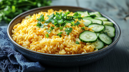 A vibrant bowl of flavorful rice adorned with fresh herbs and crisp cucumber slices, creating a colorful and appetizing dish perfect for any meal.の素材