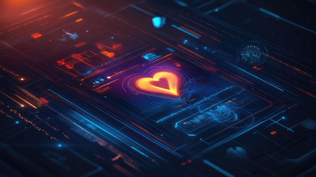 A futuristic depiction of a heartbeat displayed on a transparent screen, with data analytics surrounding it, illustrating modern medical technologyの素材