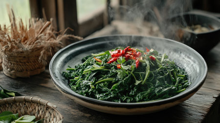 A steaming serving of stir-fried water spinach on a traditional Thai plate, garnished with fresh herbs and chili, set against a rustic kitchen backdropの素材