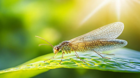 A stunning close-up of a delicate insect resting on a vibrant green leaf, illuminated by soft sunlight. The intricate details of its wings create a captivating natural scene.の素材
