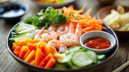 A steaming bowl of shrimp in jelly served with dipping sauces, featuring a vibrant mix of colors from fresh vegetables and garnishes, creating an appetizing lookの素材