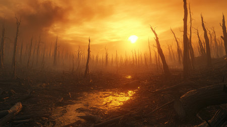 A forest of dead trees due to rising temperatures and increased wildfires, emphasizing the destructive effects of climate change on natural habitatsの素材