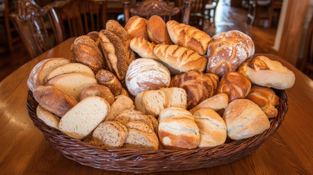 A rustic Italian bread basket filled with assorted breads and focaccia, placed on a wooden table, creating an inviting atmosphere for a mealの素材