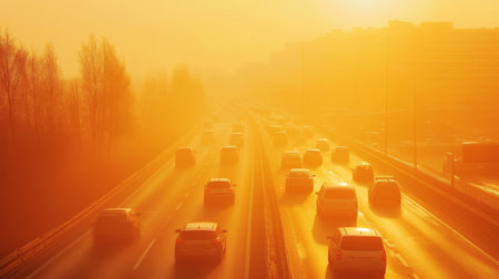 A serene morning scene featuring a busy highway bathed in soft golden light from the rising sun, creating an atmospheric fog and enhancing the urban landscape.の素材