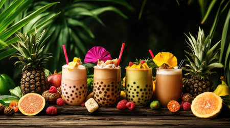 A scenic view of a bubble tea picnic setup, featuring cups of bubble tea surrounded by tropical fruits and snacks, creating a refreshing summer vibeの素材