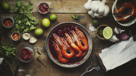 A rustic table setting with a platter of shrimp in jelly, surrounded by ingredients like lime, garlic, and chili, illustrating the preparation processの素材