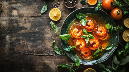 A plate of shrimp in jelly against a rustic wooden background, surrounded by fresh herbs and spices, emphasizing the natural and flavorful ingredientsの素材