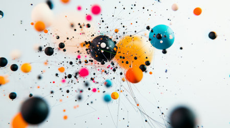 Explore this vibrant abstract design featuring colorful spheres and particles in dynamic motion. Perfect for creative projects or digital artwork.の素材