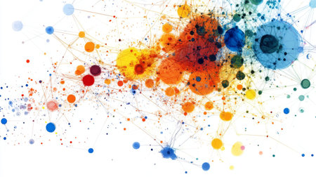 A vibrant abstract illustration featuring colorful bubbles and dynamic connections, creating a lively, energetic visual experience for creative projects.の素材